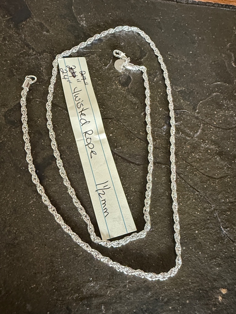 Sterling Silver 24" Twisted Rope Chain Necklace - 1.5mm. .925 solid Sterling.